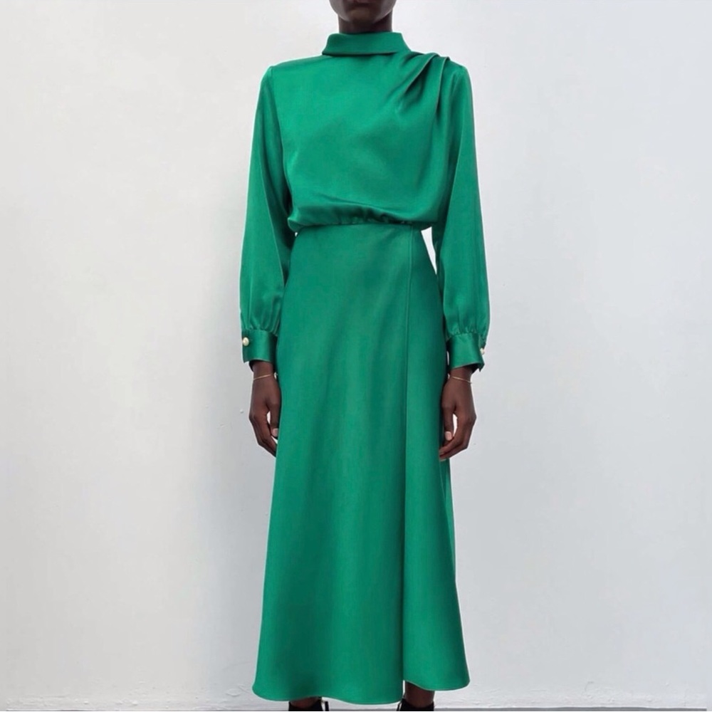 NWT Emerald Green Zara Satin Midi Dress Size XL